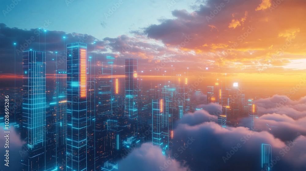 Fototapeta premium 雲上に築かれたデータでできた未来都市