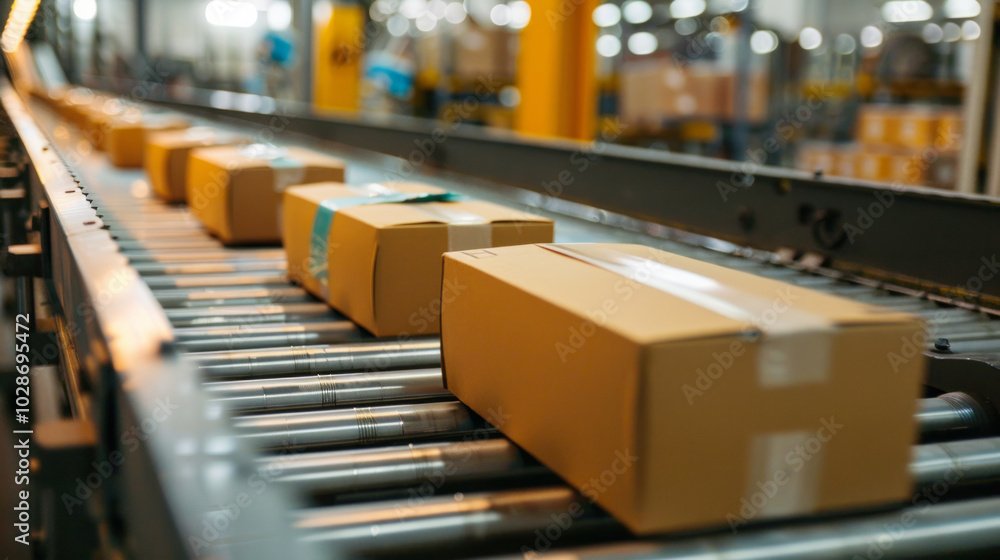 Packages being loaded onto a conveyor belt in a busy warehouse during daytime operations Packages being loaded onto a conveyor belt in a busy warehouse during daytime operations