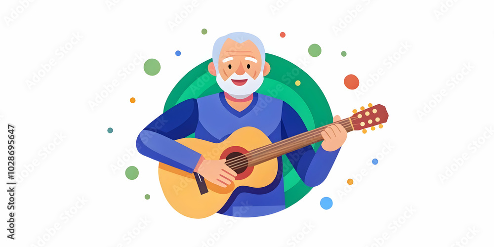 Naklejka premium Elderly Man Joyfully Playing Guitar with Bokeh Digital Art Background - Vibrant Musical Ambiance with Promotional Copy Space in Photo Stock