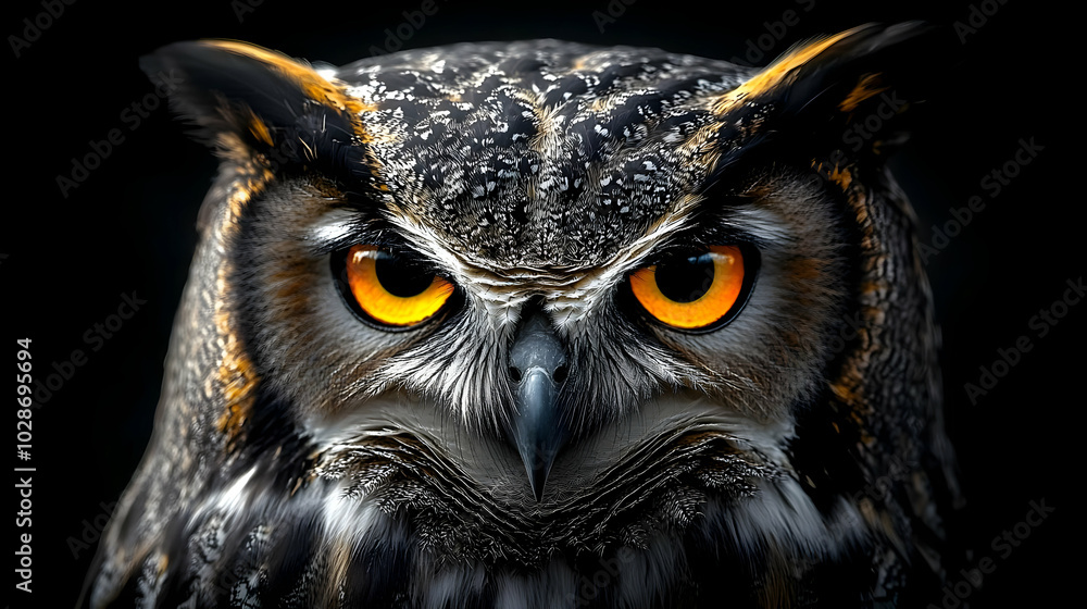 A close-up of an owl with striking orange eyes and detailed feathers. A close-up of an owl with striking orange eyes and detailed feathers.