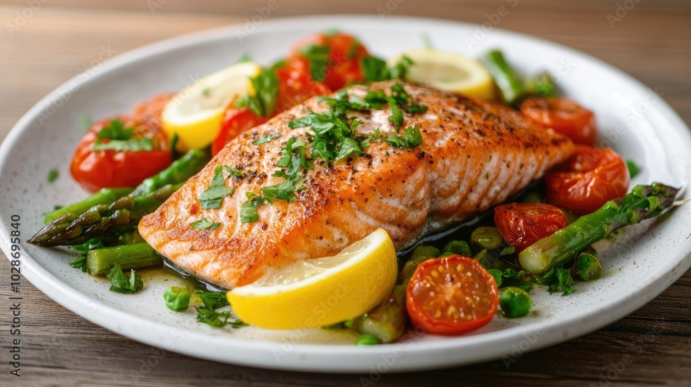 Vibrant Fried Salmon Steak with Fresh Vegetables Vibrant Fried Salmon Steak with Fresh Vegetables