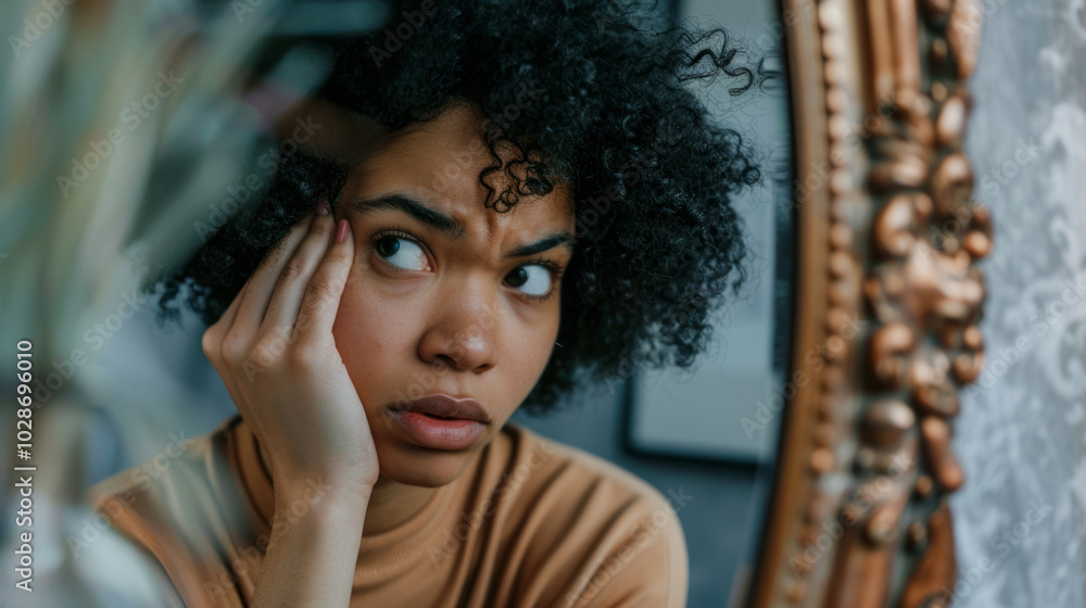 A young person gazes thoughtfully into a mirror during a moment of self-reflection in a cozy indoor space A young person gazes thoughtfully into a mirror during a moment of self-reflection in a cozy indoor space