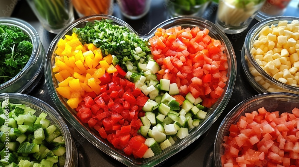 Colorful Chopped Vegetables in Heart Shaped Display Colorful Chopped Vegetables in Heart Shaped Display