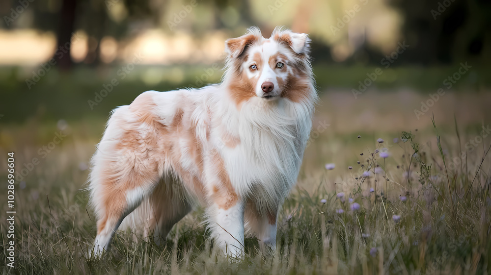 A beautiful Australian Shepherd standing in a sunny field, showcasing its fluffy coat and playful demeanor. A beautiful Australian Shepherd standing in a sunny field, showcasing its fluffy coat and playful demeanor.