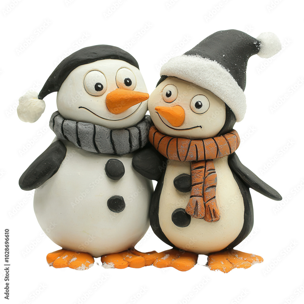 Fototapeta premium Two cute, snowy penguins in winter attire, showcasing friendship and warmth in a festive, playful scene.