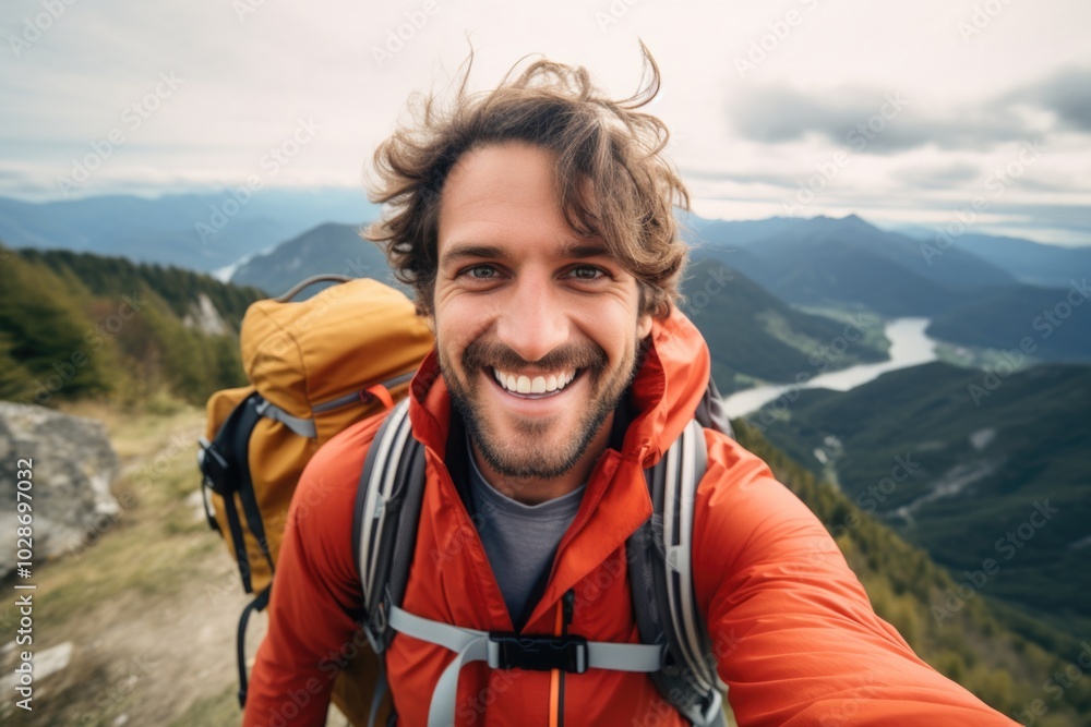 a happy person hiking in the mountain a happy person hiking in the mountain