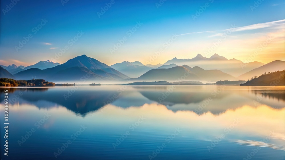 Fototapeta premium Minimalist Vertical Landscape of Serene Lake Surrounded by Majestic Mountains for Tranquil Nature Photography and Wall Art Decor