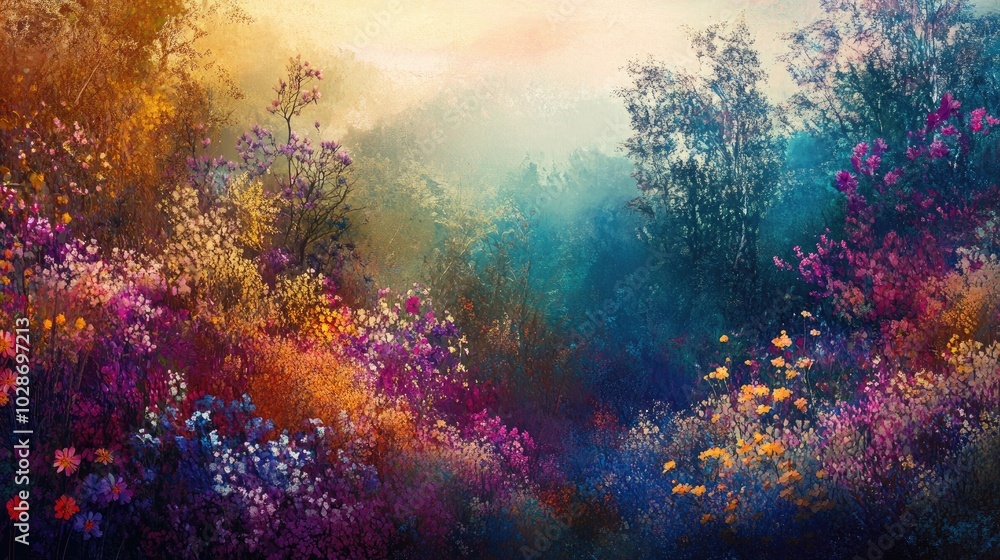 Ethereal Landscape with Colorful Trees and Flowers Ethereal Landscape with Colorful Trees and Flowers