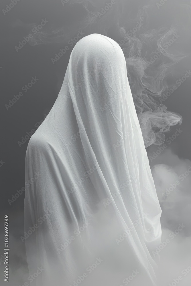 A mysterious figure emerges from the fog, draped in a white fabric that covers their face and body. The background is a monochromatic gray gradient, creating an atmosphere of mystery or horror. A mysterious figure emerges from the fog, draped in a white fabric that covers their face and body. The background is a monochromatic gray gradient, creating an atmosphere of mystery or horror.