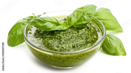 Fresh Basil Pesto in Glass Bowl with Leaves