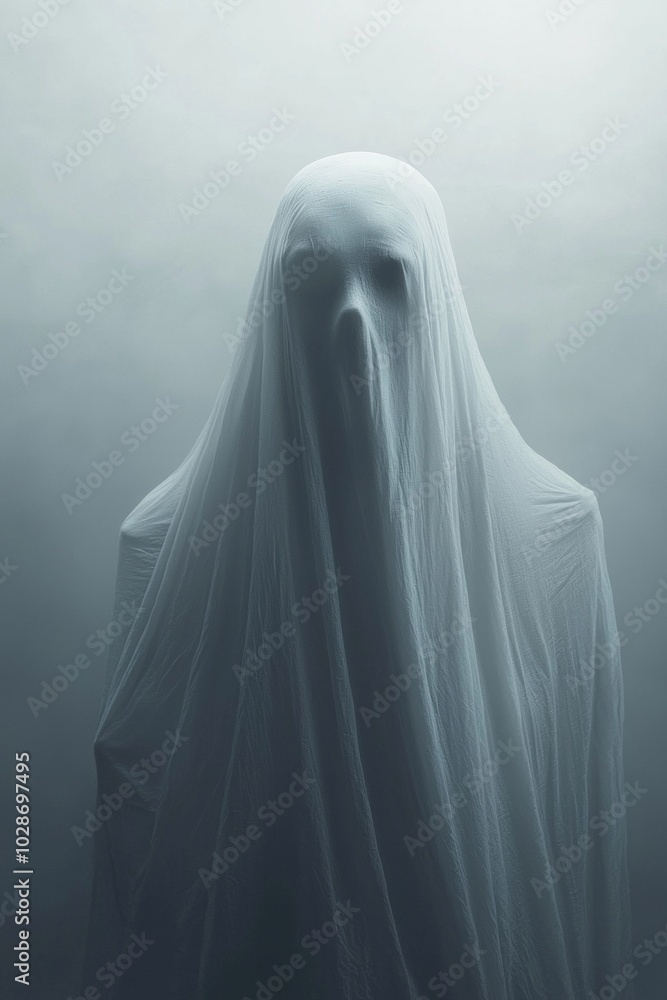 A mysterious figure emerges from the fog, draped in a white fabric that covers their face and body. The background is a monochromatic gray gradient, creating an atmosphere of mystery or horror. A mysterious figure emerges from the fog, draped in a white fabric that covers their face and body. The background is a monochromatic gray gradient, creating an atmosphere of mystery or horror.