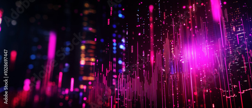 Abstract digital background with colorful light effects and data visualizations.