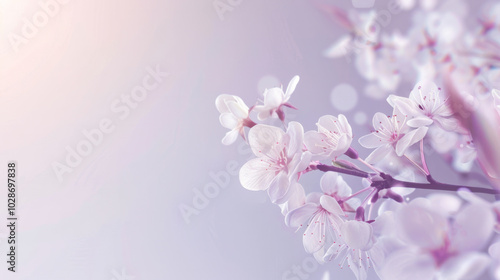 Delicate cherry blossom branches softly illuminated by gentle sunlight during springtime, creating a serene and peaceful atmosphere