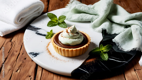 Delicious Tart of Chocolate and Mint over a granite elegant stone. Perfect for editorial recipe