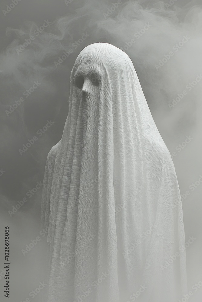 A mysterious figure emerges from the fog, draped in a white fabric that covers their face and body. The background is a monochromatic gray gradient, creating an atmosphere of mystery or horror. A mysterious figure emerges from the fog, draped in a white fabric that covers their face and body. The background is a monochromatic gray gradient, creating an atmosphere of mystery or horror.