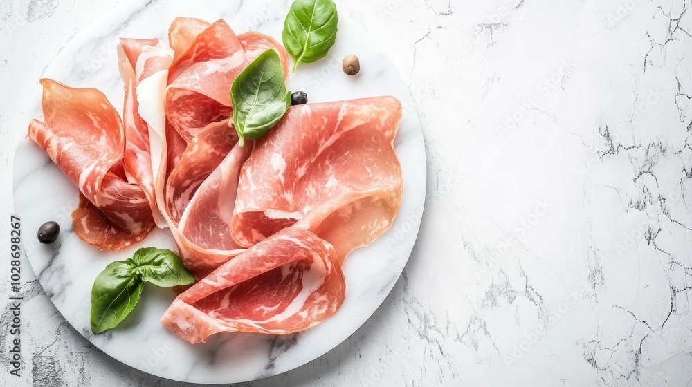 Elegant Display of Prosciutto di Parma on Marble Plate Elegant Display of Prosciutto di Parma on Marble Plate