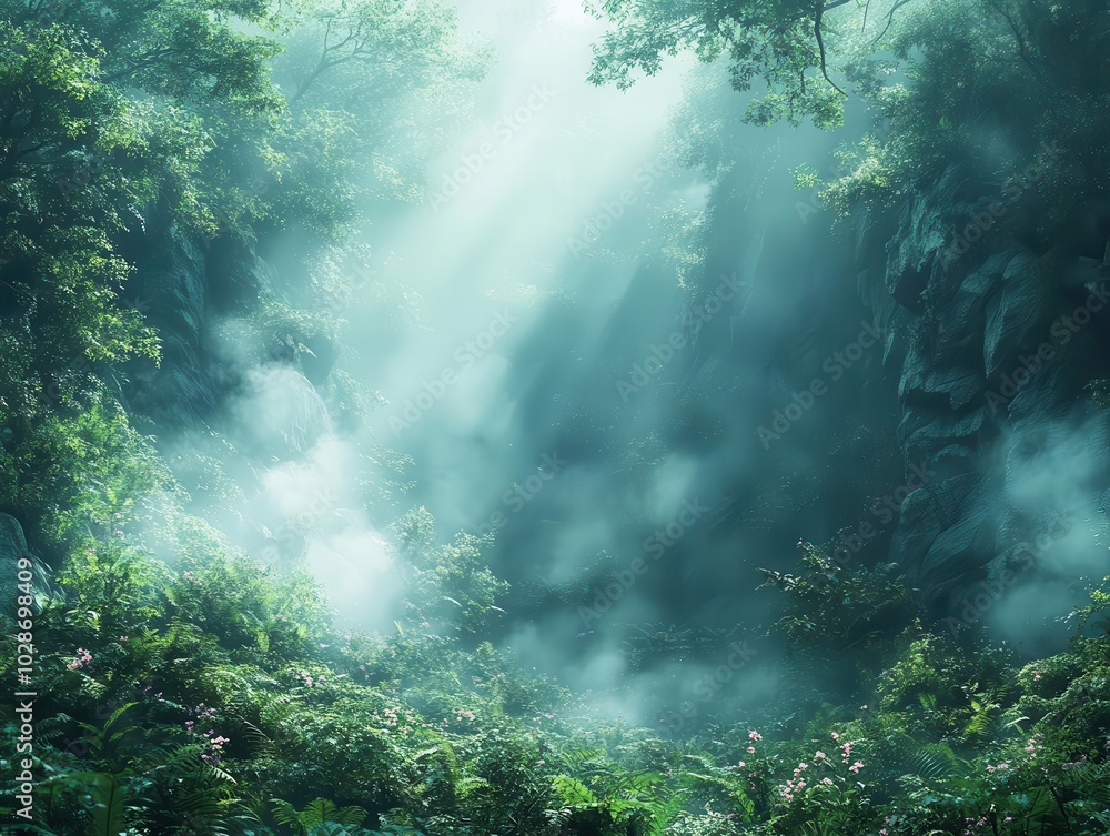 Fototapeta premium mysterious fog encircles a vibrant, exotic jungle filled with lush greenery and towering trees, soft light filtering through the mist, creating an ethereal atmosphere