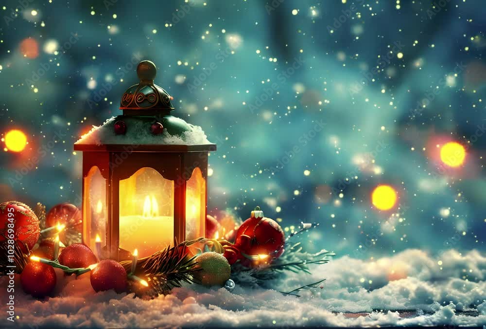 Christmas lantern on snow with decorations at night. Christmas lantern on snow with decorations at night.