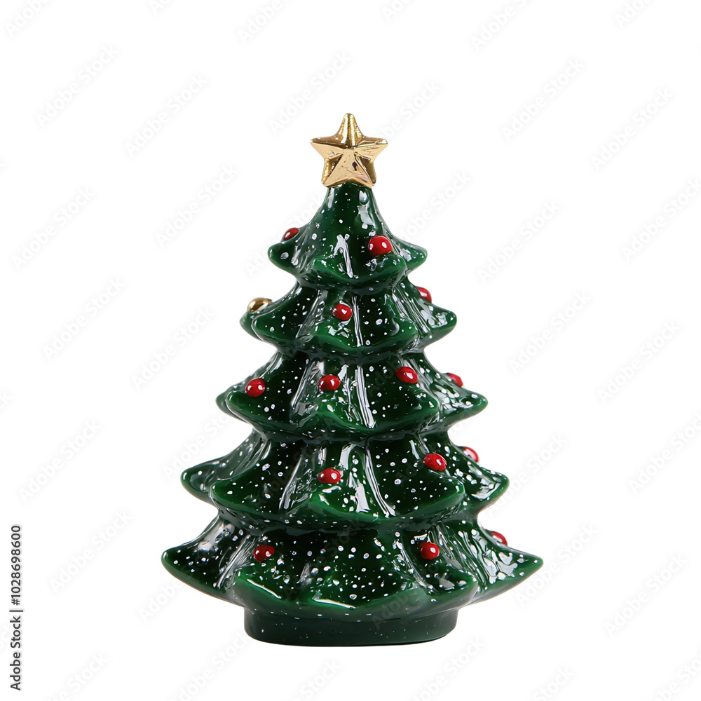 A charming ceramic Christmas tree adorned with red berries and a golden star, ideal for festive home decor. A charming ceramic Christmas tree adorned with red berries and a golden star, ideal for festive home decor.
