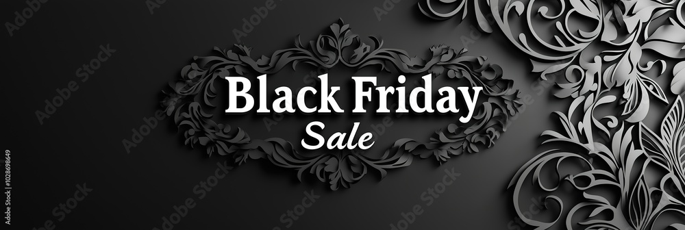 Elegant Black Friday Sale Banner with Chic Black Paper-Cut Lace Borders and Bold Typography Elegant Black Friday Sale Banner with Chic Black Paper-Cut Lace Borders and Bold Typography
