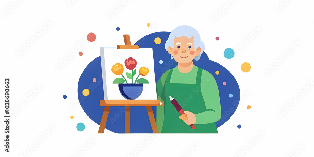 Elderly Woman Painting with Bokeh Background: Creative Digital Art Concept Featuring Space for Promotional Text