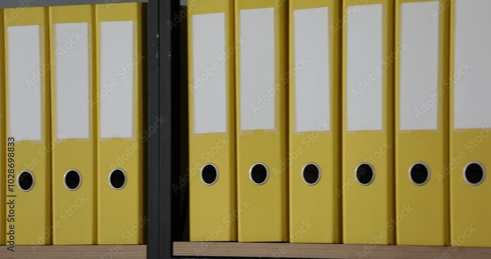 Mockup with a white label on the spine of yellow folders with office documents standing on a wooden shelf in row. Storage of business documents