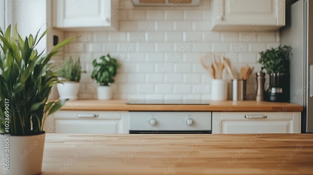 Modern Kitchen with White Cabinets and Wooden Countertop Modern Kitchen with White Cabinets and Wooden Countertop