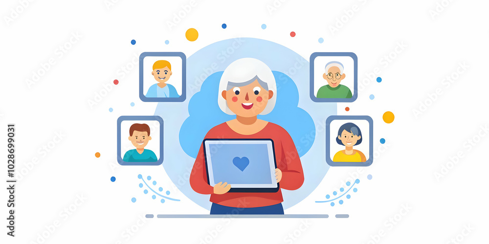 Elderly Woman Joyfully Using Smart Tablet to View Family Photos on Plain Background - Concept of Family Connections and Digital Technology in Photo Stock Elderly Woman Joyfully Using Smart Tablet to View Family Photos on Plain Background - Concept of Family Connections and Digital Technology in Photo Stock