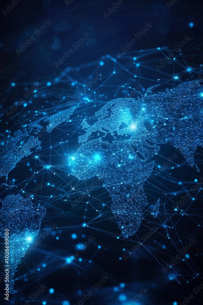 Abstract digital world map with global network connections and data transfer, technology background concept. Blue glowing lines on a dark blue background. Abstract digital world map with global network connections and data transfer, technology background concept. Blue glowing lines on a dark blue background.