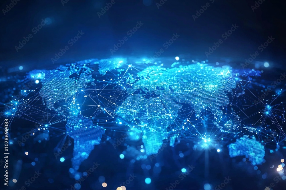 Abstract digital world map with global network connections and data transfer, technology background concept. Blue glowing lines on a dark blue background. Abstract digital world map with global network connections and data transfer, technology background concept. Blue glowing lines on a dark blue background.