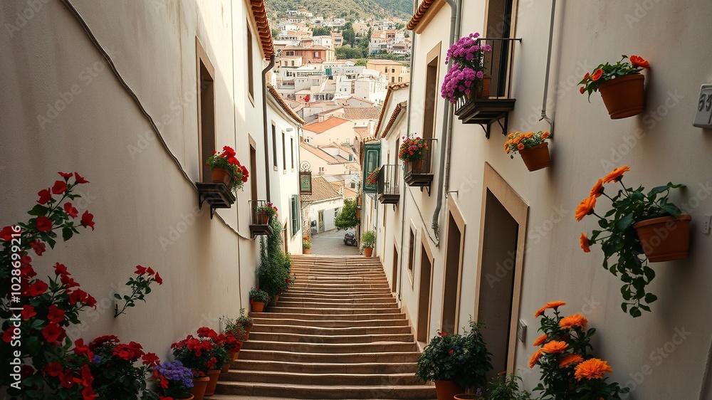 Fototapeta premium Picturesque Candid Photography of Frigiliana Village's Colorful Lane and Steps in Spain