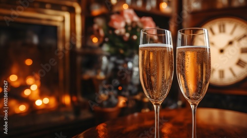 Champagne glasses on vintage table for New Year’s Eve celebration toast, fireplace in the background capturing romantic mood, festive print for special occasion and National Champagne Day