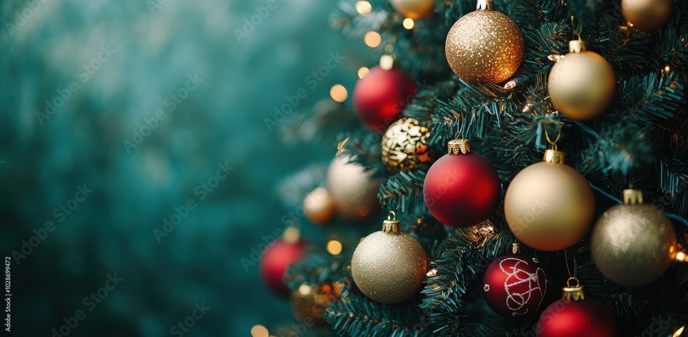 A beautifully decorated Christmas tree with golden and red ornaments, creating a festive holiday ambiance. A beautifully decorated Christmas tree with golden and red ornaments, creating a festive holiday ambiance.