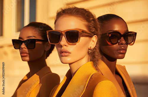 Three female models wearing sunglasses and golden-colored , with European-style fashion on the streets of Paris.