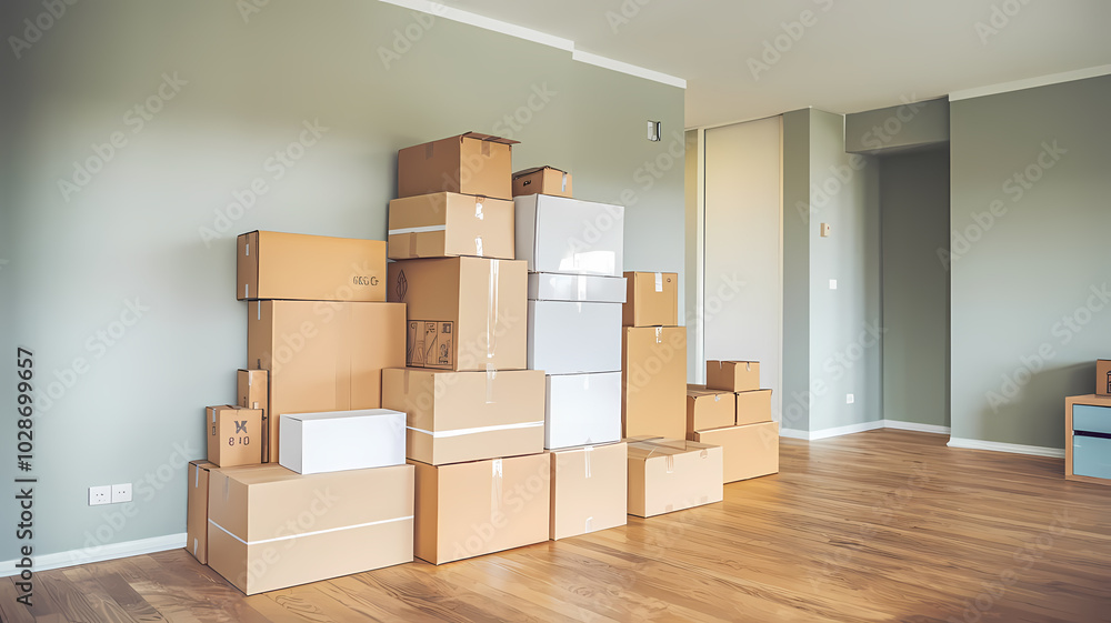 Stacked moving boxes in an empty room with light wooden floors, ready for a new beginning or relocation. Stacked moving boxes in an empty room with light wooden floors, ready for a new beginning or relocation.