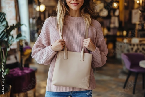 Stylish woman holding a fashionable tote bag in a sleek boutique, solid background, focusing on modern trends and design