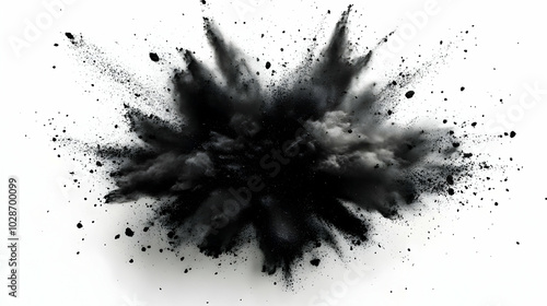 Abstract explosion of black powder against a white background.