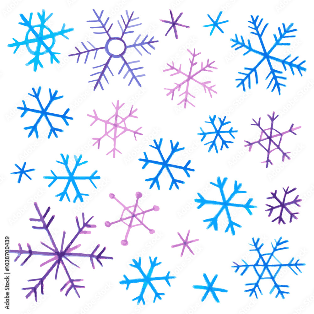 Collection of different blue and purple snowflakes. Winter, snowfal. Doodle drawing by hand with colored pencils. Cute children's drawings with crayon. Cristmas and New Year's design element. Collection of different blue and purple snowflakes. Winter, snowfal. Doodle drawing by hand with colored pencils. Cute children's drawings with crayon. Cristmas and New Year's design element.