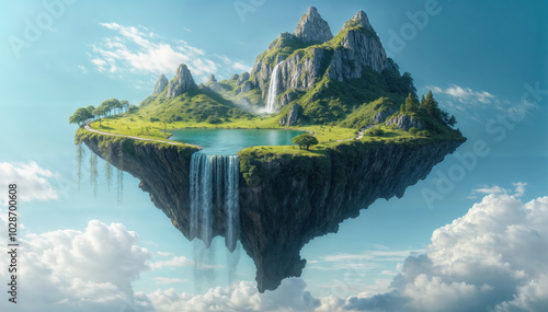 Fototapeta Naklejka Na Ścianę i Meble -  Floating island paradise with waterfall cascading from mountain lake