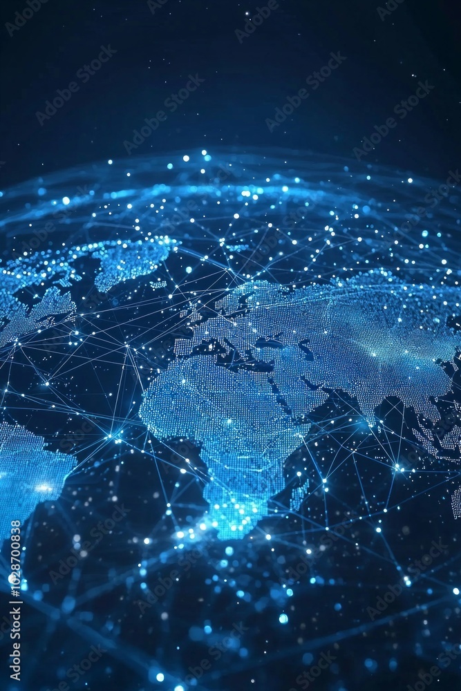 Fototapeta premium Abstract digital world map with global network connections and data transfer, technology background concept. Blue glowing lines on a dark blue background.