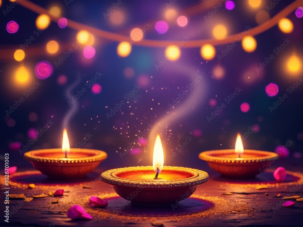 Festive Diwali, lights, candles burning brightly with soft smoke rising, surrounded by warm, colorful bokeh lights and scattered rose petals in a cozy and celebratory setting Festive Diwali, lights, candles burning brightly with soft smoke rising, surrounded by warm, colorful bokeh lights and scattered rose petals in a cozy and celebratory setting