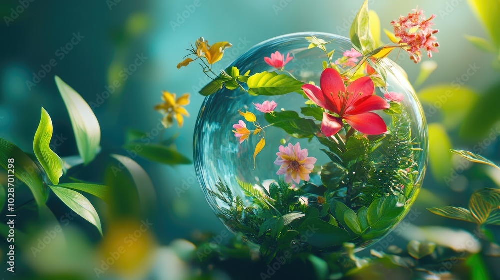 Vibrant 3D Plants and Flowers in a Glass Sphere Vibrant 3D Plants and Flowers in a Glass Sphere