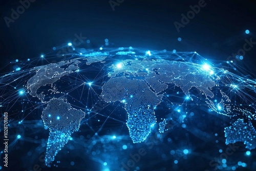 Abstract digital world map with global network connections and data transfer, technology background concept. Blue glowing lines on a dark blue background.