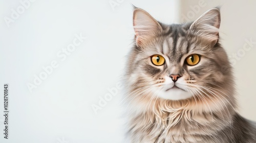 Close-up of a majestic cat with striking yellow eyes on a light background.