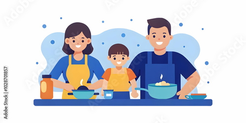 Family Cooking Together in the Kitchen: Candid Weekend Morning Moments with Soft Bokeh Background and Space for Text