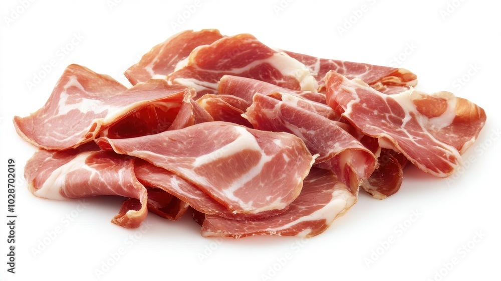 Slices of Isolated Prosciutto on White Background Slices of Isolated Prosciutto on White Background