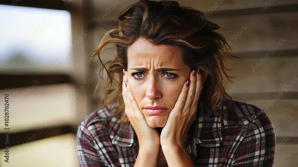 Young woman holding her head in her hands showing worry