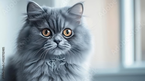 Fluffy gray cat with striking golden eyes, indoor setting, soft focus background.