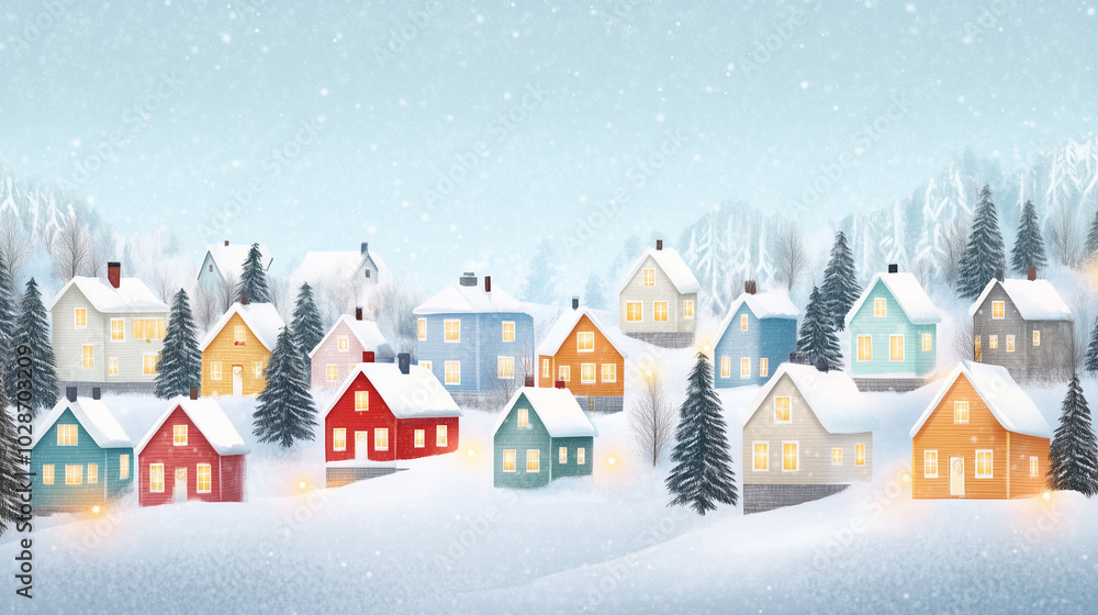 Fototapeta premium A vibrant, snow-covered village featuring colorful houses nestled in a snowy landscape. The scene evokes the magic of winter holidays with soft snowfall and warm lights glowing fro