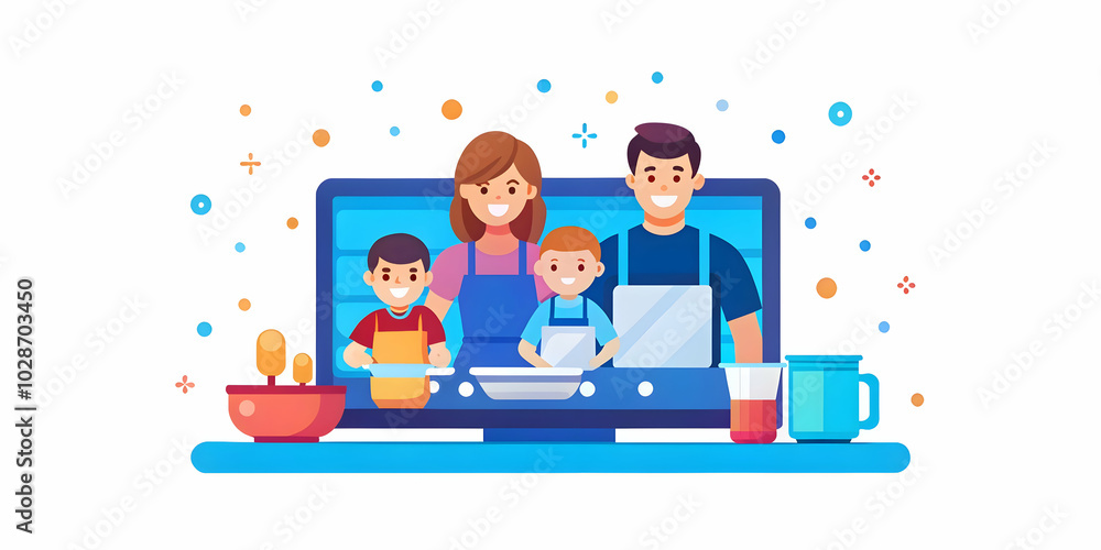 Family Participating in a Digital Cooking Class Together: Bokeh Kitchen Background with Copy Space for Creative Culinary Learning and Family Bonding Family Participating in a Digital Cooking Class Together: Bokeh Kitchen Background with Copy Space for Creative Culinary Learning and Family Bonding